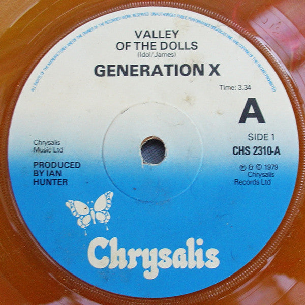 Image of Label Cover of 7" - VG/G+ - GENERATION X, Valley Of the Dolls / Shakin' All Over (Chrysalis; CHS 2310, UK 1979, Laminated Flipback Sleeve, Marbled Brown / Clear Vinyl), Edge and Ring Wear,  - 2526270E