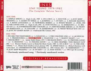 Image of Back Cover of 4935146E: 2xLP - INXS, Stay Young 1979-1982 (The Complete 'Deluxe Years') (Raven Records; RVCD-145, Australia 2002, Card Slipcase with Jewel Case inside)   VG+/VG+