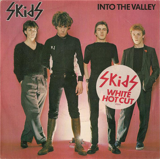Image of Front Cover of 5025321E: 7" - SKIDS, Into The Valley (Virgin ; VS 241, UK 1979, Picture Sleeve, Stickered Sleeve, White Vinyl) Lovely Copy  EX/EX
