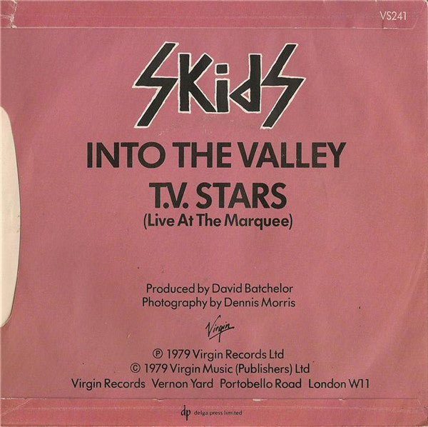 Image of Back Cover of 7" - G+/VG - SKIDS, Into The Valley (Virgin ; VS 241, UK 1979, Picture Sleeve, Stickered Sleeve, White Vinyl), Sleeve beginning to split at spine,  - 3316519C