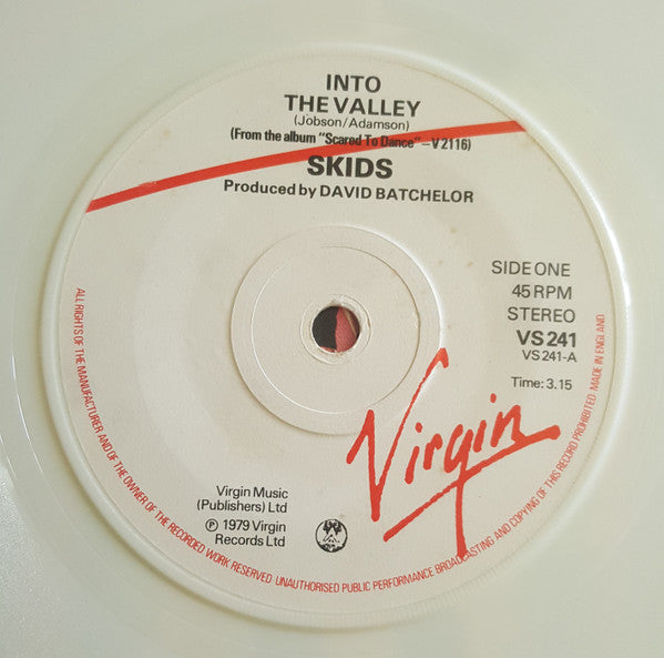 Image of Label Cover of 7" - G+/VG - SKIDS, Into The Valley (Virgin ; VS 241, UK 1979, Picture Sleeve, Stickered Sleeve, White Vinyl), Sleeve beginning to split at spine,  - 3316519C