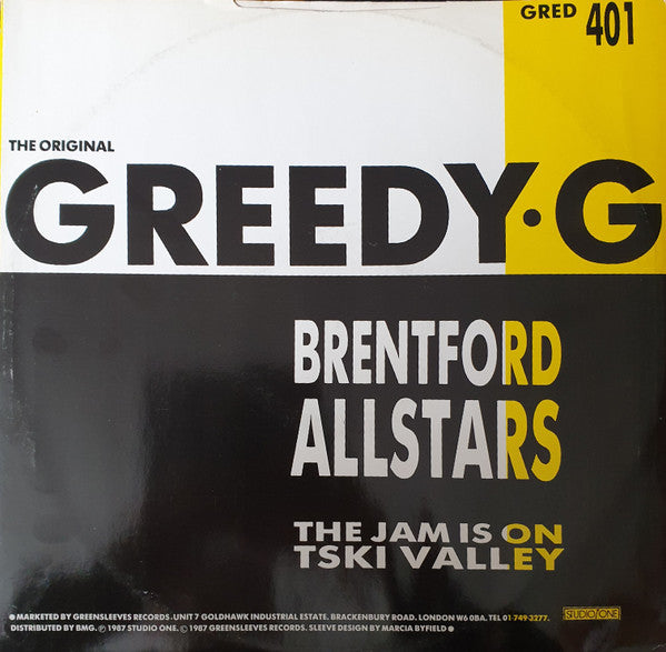 Image of Back Cover of 12" - /VG - TSKI VALLEY / BRENTFORD ALL STARS, The Jam Is On / Greedy G (Greensleeves Records; GRED 401, UK 1987, Picture Sleeve), ,  - 5025327E