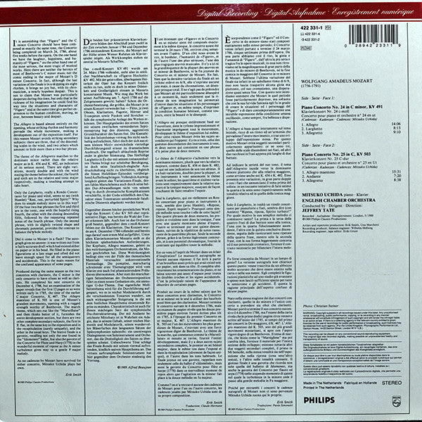 Image of Back Cover of 5045282S: LP - MOZART, MITSUKO UCHIDA, ENGLISH CHAMBER ORCHESTRA, JEFFREY TATE, Piano Concertos No.24 KV491 / No.25 KV503 (Philips; 422 331-1, Europe 1989)   VG/VG+