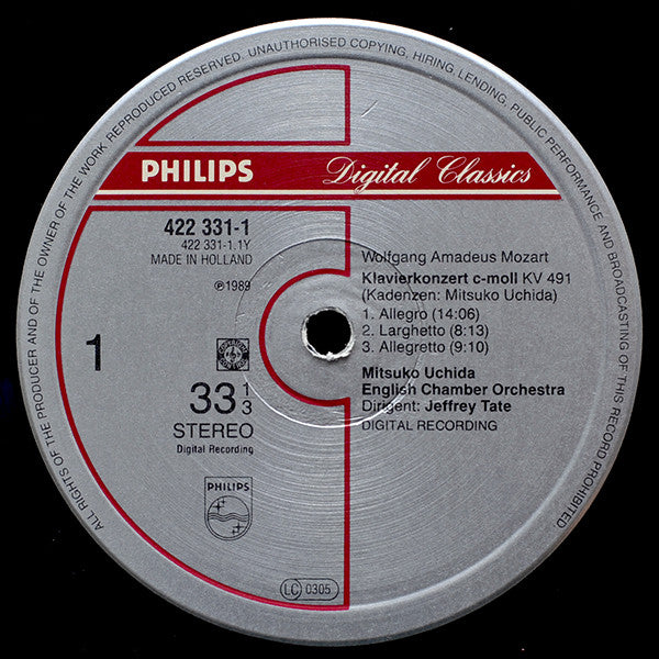 Image of Label Cover of 5045282S: LP - MOZART, MITSUKO UCHIDA, ENGLISH CHAMBER ORCHESTRA, JEFFREY TATE, Piano Concertos No.24 KV491 / No.25 KV503 (Philips; 422 331-1, Europe 1989)   VG/VG+