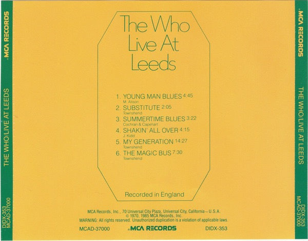 Image of Back Cover of CD - VG+/VG+ - THE WHO, Live At Leeds (MCA Records; MCAD-37000, US 1985 Reissue), ,  - 5015322C