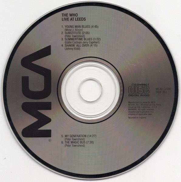 Image of Label Cover of CD - VG+/VG+ - THE WHO, Live At Leeds (MCA Records; MCAD-37000, US 1985 Reissue), ,  - 5015322C