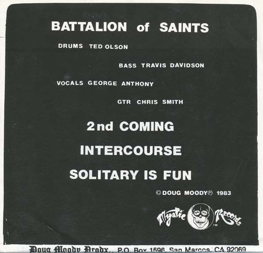 Image of Back Cover of 5025295E: 7" - BATTALION OF SAINTS, 2nd Coming (Mystic Records; M 45128, US 1980s Reissue, Fold Over Sleeve, Has "Summer Of '86" Catalogue Printed Inside Sleeve)   VG+/EX