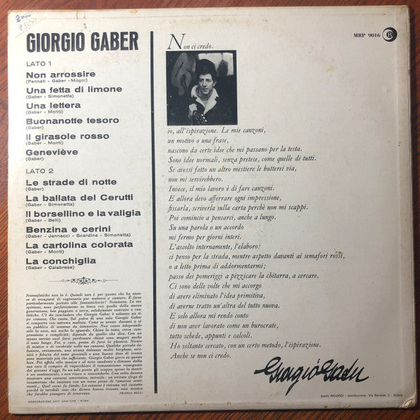 Image of Back Cover of 5025368E: LP - GIORGIO GABER, Giorgio Gaber (Ricordi; MRP 9016, Italy 1965)   VG/VG