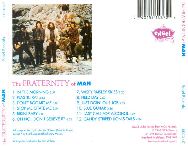 Image of Back Cover of 5035265E: CD - THE FRATERNITY OF MAN, The Fraternity Of Man (Edsel Records; EDCD 437, UK 1995, Jewel Case)   VG+/VG+