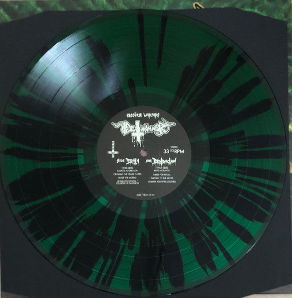Image of Label Cover of 5025407E: LP - DEATHHAMMER, Electric Warfare (Hells Headbangers; HELLS LP 314, US 2022, Booklet & Black Inner, Poster, Green & Black Splatter Vinyl) In hype stickered outer sleeve.  VG+/VG+