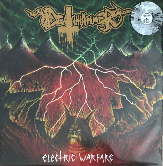 Image of Front Cover of 5025407E: LP - DEATHHAMMER, Electric Warfare (Hells Headbangers; HELLS LP 314, US 2022, Booklet & Black Inner, Poster, Green & Black Splatter Vinyl) In hype stickered outer sleeve.  VG+/VG+