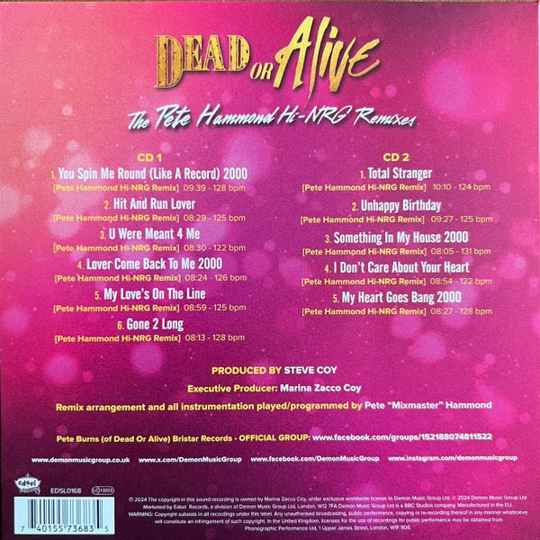 Image of Back Cover of 2xCD - M/M - DEAD OR ALIVE, The Pete Hammond Hi-NRG Remixes (Edsel Records ; EDSL0168, Worldwide 2024, 7" Gatefold  Sleeve In Stickered Shrinkwrap), SEALED,  - 5015437C