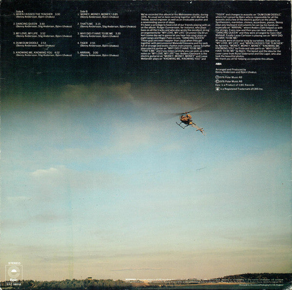 Image of Back Cover of LP - VG/VG+ - ABBA, Arrival (Epic - No Abba Band Logo; EPC 86018, UK 1976, Inner), Sticker Residue on Sleeve,  - 2116179C
