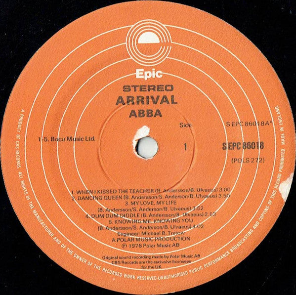 Image of Label Cover of 5015367C: LP - ABBA, Arrival (Epic; EPC 86018, UK 1976, Inner, No Abba Band Logo on Labels) Hype stickered sleeve , Small patch of sticker damage on sleeve, Strong VG to disc, Just a few light hairlines  VG/VG