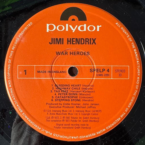 Image of Label Cover of 5015451C: LP - JIMI HENDRIX, War Heroes (Polydor; SPELP 4, UK 1983 Reissue, Alternate Cover Art, Made in England)   VG/VG