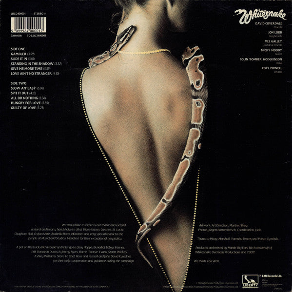 Image of Back Cover of 5015454C: LP - WHITESNAKE, Slide It In (Liberty; LBG 2400001, UK 1984, Inner With Thumb Cut On Side A Lyrics, Barcode, Utopia Runouts)   VG/VG