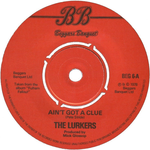 Image of Label Cover of 7" - EX/VG - THE LURKERS, Ain't Got A Clue (Beggars Banquet; BEG 6, UK 1978, Picture Sleeve, Stickered Sleeve, With Gold Flexidisc), Strong VG,  - 5025292E