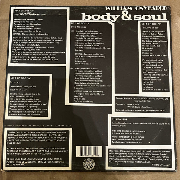 Image of Back Cover of 5015483C: LP - WILLIAM ONYEABOR, Body & Soul (Luaka Bop; LP-LBOP-5035C, US 2025 Reissue, Blue Vinyl)   NEW/NEW