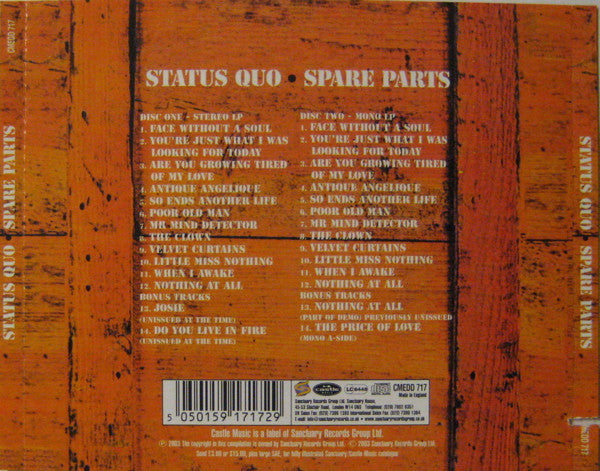 Image of Back Cover of 5055160S: 2xCD - STATUS QUO, Spare Parts (Castle Music; CMEDD 717, UK 2003 Reissue, Slipcase With Hype Sticker)   VG+/VG+