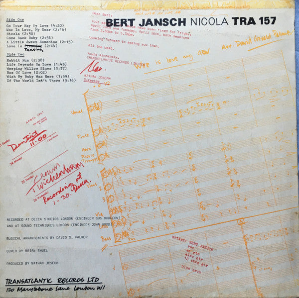 Image of Back Cover of LP - VG/VG - BERT JANSCH, Nicola (Transatlantic Records; TRA 157, UK 1967, Laminated Sleeve, MCPS at bottom of label), Light edge wear. Light hairlines on disc.,  - 3546151S