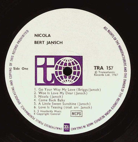 Image of Label Cover of LP - VG/VG - BERT JANSCH, Nicola (Transatlantic Records; TRA 157, UK 1967, Laminated Sleeve, MCPS at bottom of label), Light edge wear. Light hairlines on disc.,  - 3546151S