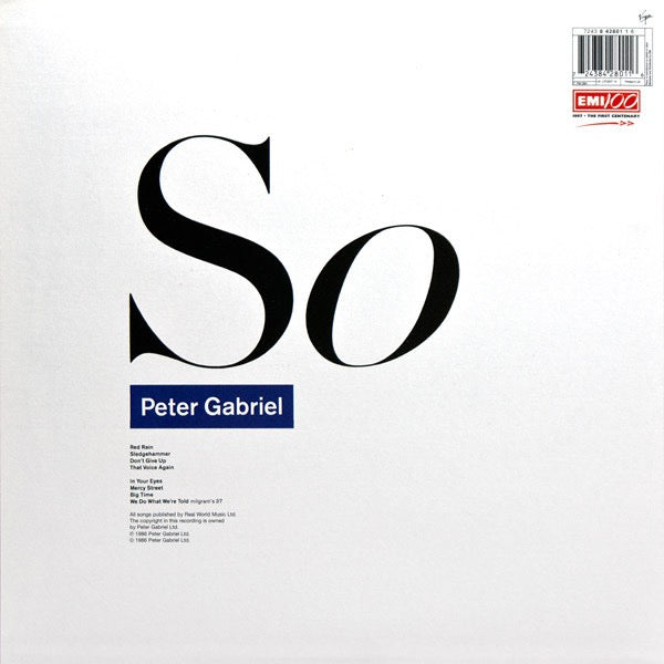 Image of Back Cover of LP - VG/VG - PETER GABRIEL, So (Virgin; 7243 8 42801 1 6, UK 1997 Reissue, Stickered Sleeve, Inner), Strong VG,  - 5015493C