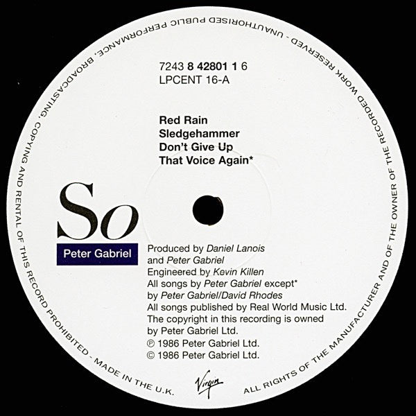 Image of Label Cover of LP - VG/VG - PETER GABRIEL, So (Virgin; 7243 8 42801 1 6, UK 1997 Reissue, Stickered Sleeve, Inner), Strong VG,  - 5015493C