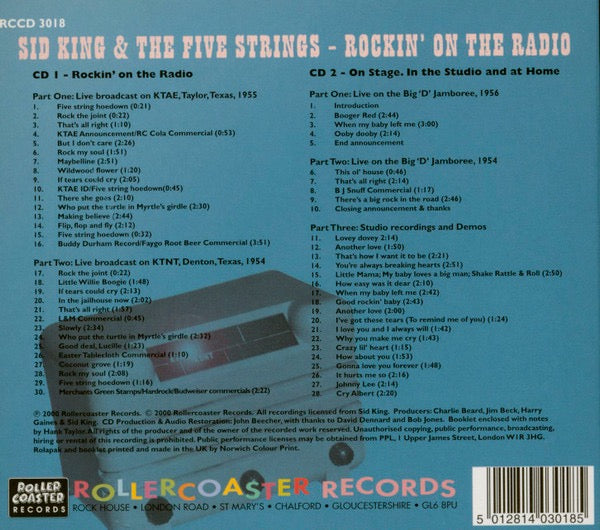 Image of Back Cover of 2xCD - VG+/VG+ - SID KING & THE FIVE STRINGS, Rockin' On The Radio (Rollercoaster Records; RCCD 3018, UK 2000, Triple Gatefold, Booklet), ,  - 5015529C