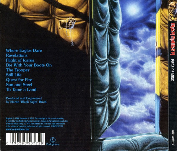 Image of Back Cover of CD - M/M - IRON MAIDEN, Piece Of Mind (Parlophone; 0190295567729, Europe 2018 Reissue, Digipak), Still SEALED In Stickered Shrinkwrap,  - 1216380C