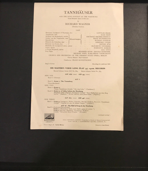 Image of Back Cover of 5025160E: 4xLP - FRANZ KONWITSCHNY, CHOR UND ORCHESTER DER STAATSOPER BERLIN, Wagner: Tannhauser And The Song Contest At The Wartburg (HMV Cream and Gold; ASD 445-448, UK 1961, Box Set, Insert) Gold Stereo Sticker, 4 Company Inners  VG+/VG+