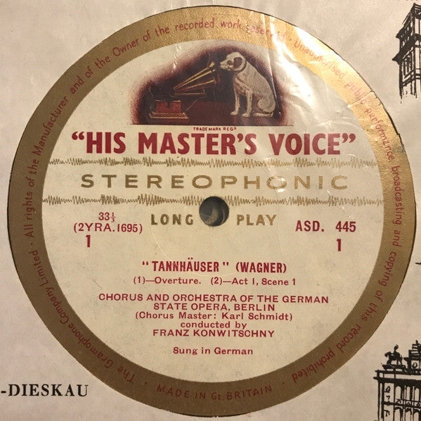 Image of Label Cover of 4xLP - VG+/VG+ - FRANZ KONWITSCHNY, CHOR UND ORCHESTER DER STAATSOPER BERLIN, Wagner: Tannhauser And The Song Contest At The Wartburg (HMV Cream and Gold; ASD 445-448, UK 1961, Box Set, Insert), Gold Stereo Sticker, 4 Company Inners,  - 5025160E