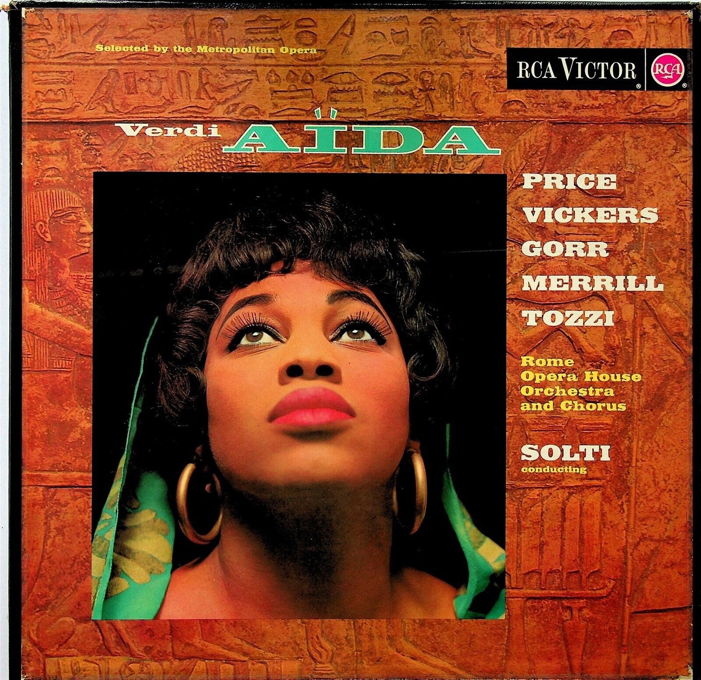 Image of Front Cover of 3xLP - VG+/VG+ - GEORG SOLTI, PRICE, VICKERS, GORR, MERRILL, TOZZI, ROME OPERA HOUSE ORCHESTRA AND CHORUS, Verdi: A da (RCA Red Seal; LSC-6158/1-3-B, Germany 1962, Box Set, Booklet), ,  - 5025161E