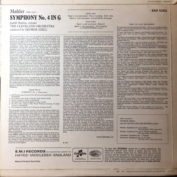 Image of Back Cover of 5025163E: LP - GEORGE SZELL, THE CLEVELAND ORCHESTRA, JUDITH RASKIN, Mahler: Symphony No. 4 In G (Columbia; SAX 5283, UK 1967, Laminated Flipback Sleeve) Very Light Surface Noise  VG+/VG