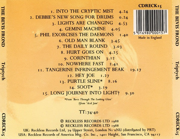 Image of Back Cover of CD - VG+/VG+ - THE BEVIS FROND, Triptych (Reckless Records; CD RECK 15, UK 1988), Promo sticker on case.,  - 5115050C