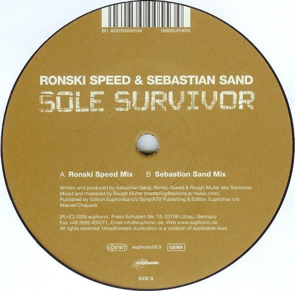 Image of Label Cover of 5115083C: 12" - RONSKI SPEED & SEBASTIAN SAND, Sole Survivor (euphonic; euphonic55.3, Germany 2005, Die Cut Company Sleeve) Large tear in hole of die cut company sleeve. Disc has light hairlines and more significant storage marks.  G+/G+