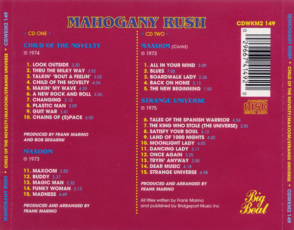 Image of Back Cover of 2xCD - VG+/VG+ - MAHOGANY RUSH, Child Of The Novelty / Maxoom / Strange Universe (Westbound Records; CDWKM2 149, UK , Double CD Case), ,  - 4036034E