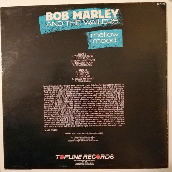 Image of Back Cover of 5115150C: LP - BOB MARLEY AND THE WAILERS, Mellow Mood (Topline Records; TOP 104, 	 1984, NO Barcode on back sleeve) Light smudges.  VG/VG+