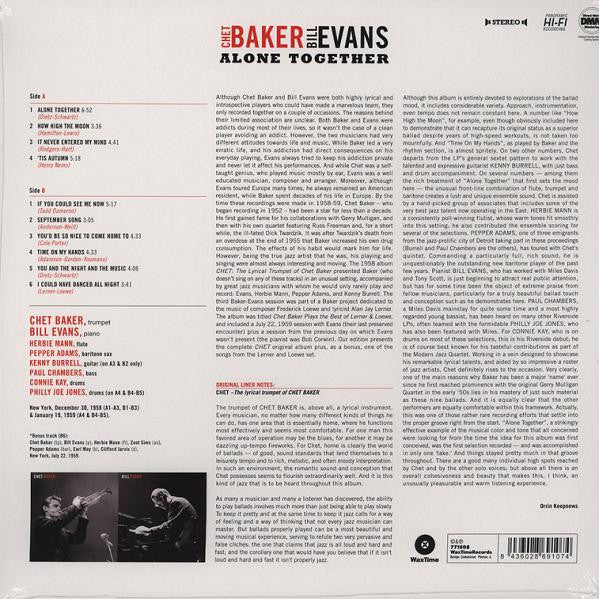 Image of Back Cover of LP - VG+/VG - CHET BAKER AND BILL EVANS, Alone Together (Wax Time; LP771698, UK 2011 Reissue, Remastered, 180g), Light Marks only.,  - 2616033C