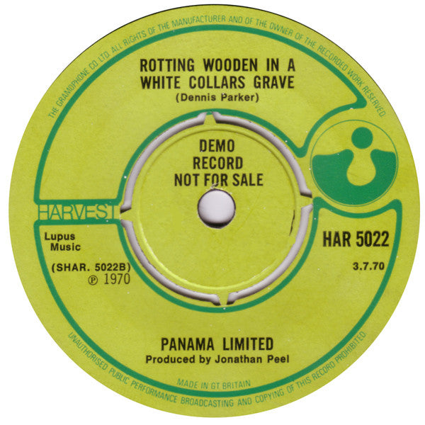 Image of Back Cover of 5125120E: 7" - PANAMA LIMITED, Round And Round / Rotting Wooden In A White Collars Grave (Harvest ; HAR 5022, UK 1970, Promo, Plain Sleeve)   /VG