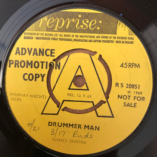 Image of Front Cover of 5125118E: 7" - NANCY SINATRA, Drummer Man / Home (Reprise Records ; RS 20851, UK 1969, A Label Demo, Company Sleeve)   G+/VG+