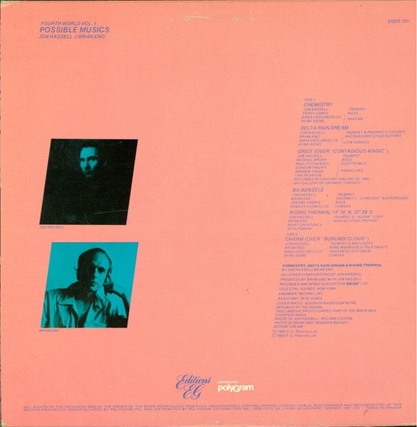 Image of Back Cover of 5115098C: LP - JON HASSELL / BRIAN ENO, Fourth World Vol. 1 - Possible Musics (Editions EG; EGED 107, Canada 1980) 10cm tear to sleeve reverse which has been taped. Light marks to disc.  G+/VG