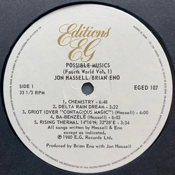 Image of Label Cover of 5115098C: LP - JON HASSELL / BRIAN ENO, Fourth World Vol. 1 - Possible Musics (Editions EG; EGED 107, Canada 1980) 10cm tear to sleeve reverse which has been taped. Light marks to disc.  G+/VG