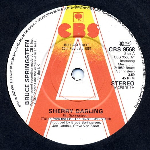 Image of Label Cover of 7" - VG/VG+ - BRUCE SPRINGSTEEN, Sherry Darling (CBS; 9568, UK 1981, A Label Demo, Picture Sleeve), Edge and Ring Wear, Slight Fogging To B-Side Vinyl,  - 5125112E