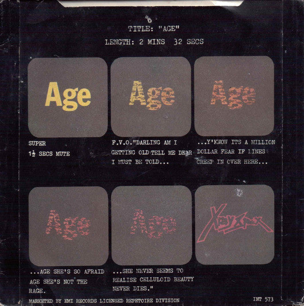 Image of Back Cover of 5125111E: 7" - X-RAY SPEX, Germ Free Adolescents / Age (EMI; INT573, UK 1978, Promo, Picture Sleeve) Edge and Ring Wear  VG/VG+