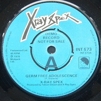 Image of Label Cover of 5125111E: 7" - X-RAY SPEX, Germ Free Adolescents / Age (EMI; INT573, UK 1978, Promo, Picture Sleeve) Edge and Ring Wear  VG/VG+