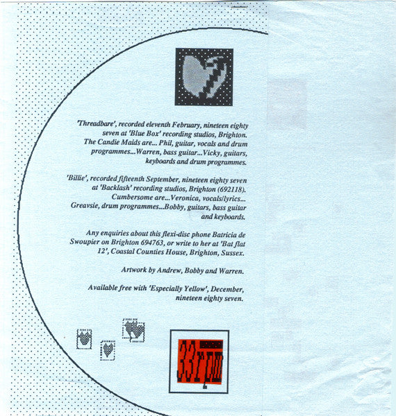 Image of Back Cover of 7" - VG/VG - CUMBERSOME / CANDIE MAIDS, Sexy Flexi (Sexy Flexi ; none, UK 1987, Fold Over Sleeve, No Magazine, One Sided Flexidisc, No Coloured Tape On Sleeve), Disc Creased But Plays Through,  - 5125109E