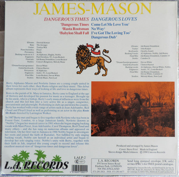 Image of Back Cover of LP - VG/VG - NOBBY JAMES / AL ALPHANSO MASON, Dangerous Times / Dangerous Loves (L.A. Records; LALP-2, UK 1990), ,  - 5145103S