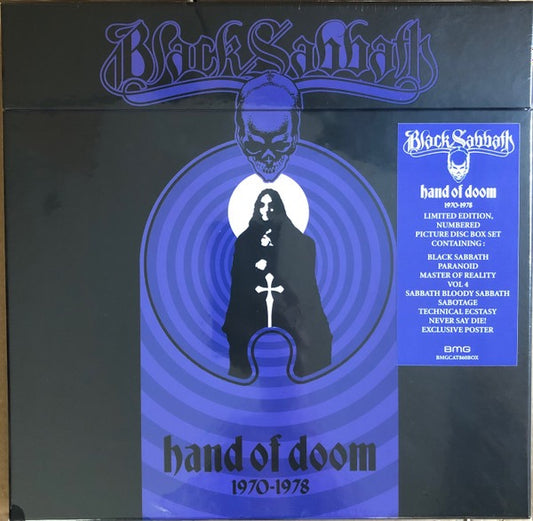 Image of Front Cover of 5115221C: 8xLP - BLACK SABBATH, Hand Of Doom 1970-1978 (BMG; BMGCAT860BOX, Europe 2023, Box Set, Picture Disc. Limited To 3000) Still SEALED In Stickered Shrinkwrap  EX/M