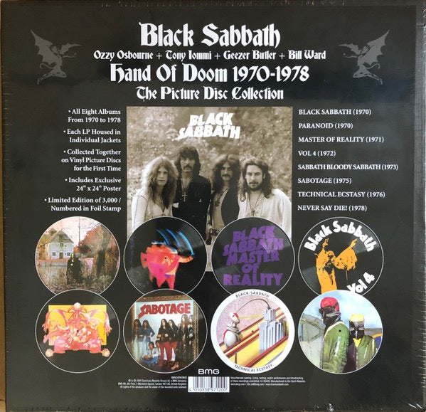 Image of Back Cover of 5115221C: 8xLP - BLACK SABBATH, Hand Of Doom 1970-1978 (BMG; BMGCAT860BOX, Europe 2023, Box Set, Picture Disc. Limited To 3000) Still SEALED In Stickered Shrinkwrap  EX/M