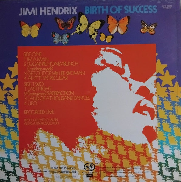 Image of Back Cover of 5115129C: LP - JIMI HENDRIX, Birth Of Success (Music For Pleasure; MFP 50053, Netherlands 1970s Reissue, Laminated Sleeve, Made in Holland, Manufactured By EMI on Rear Sleeve)   VG/VG